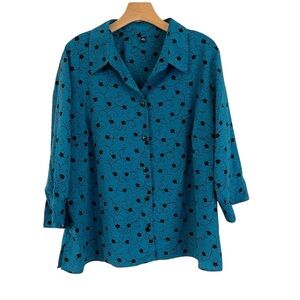 Blue Button Up Blouse With Black Floral Print - Long Sleeves - Easy Care - Sz 3X